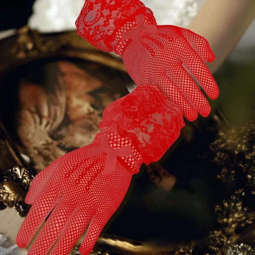 Women's A-Red Halloween Tea Short Lace Gloves Elegant Bridal Cosplay Party